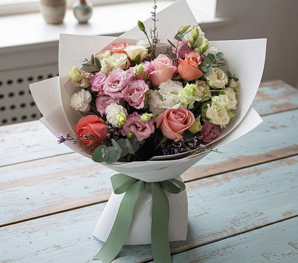 Букет цветов из: Розы, Лизиантусы и Гвоздики в Каз