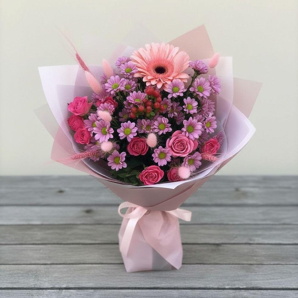 Букет цветов из: Розы, Герберы и Хризантемы в Каз