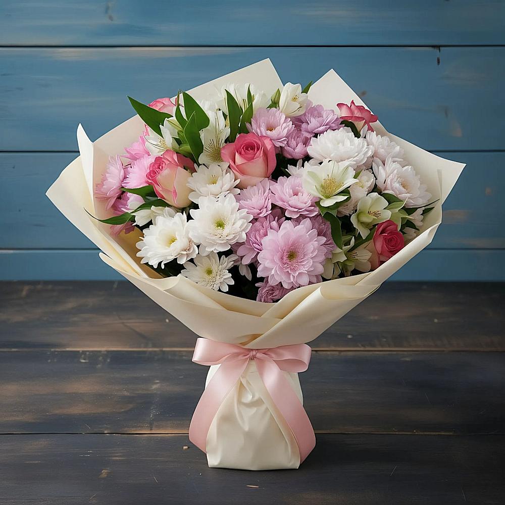 Букет цветов из: Хризантемы, Альстромерии и Розы в Каз